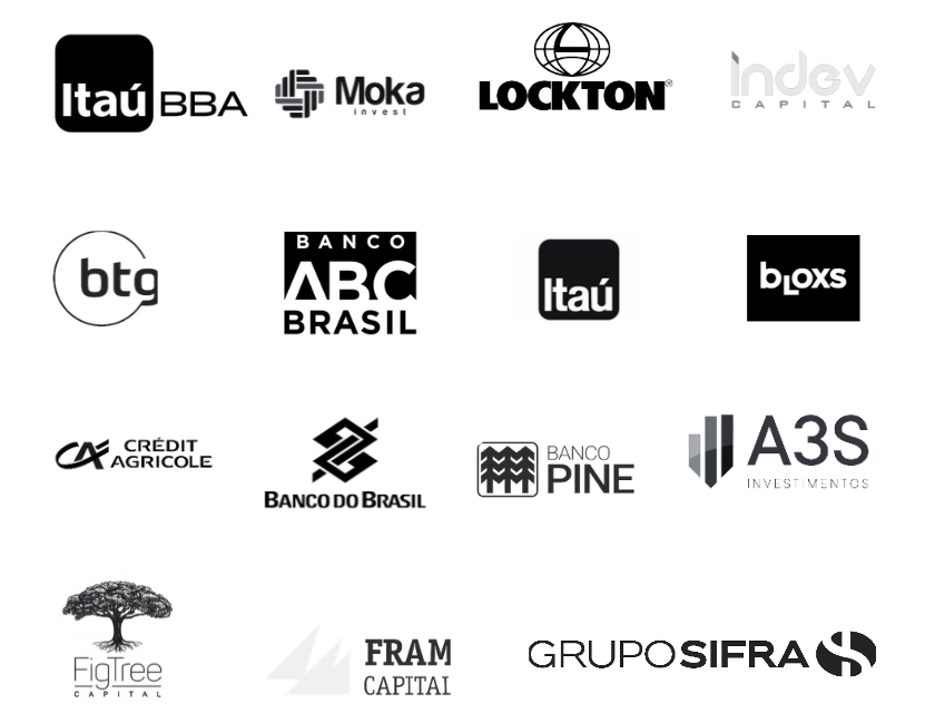 Logotipos de instituições financeiras, investimentos e parceiros apresentados no material institucional